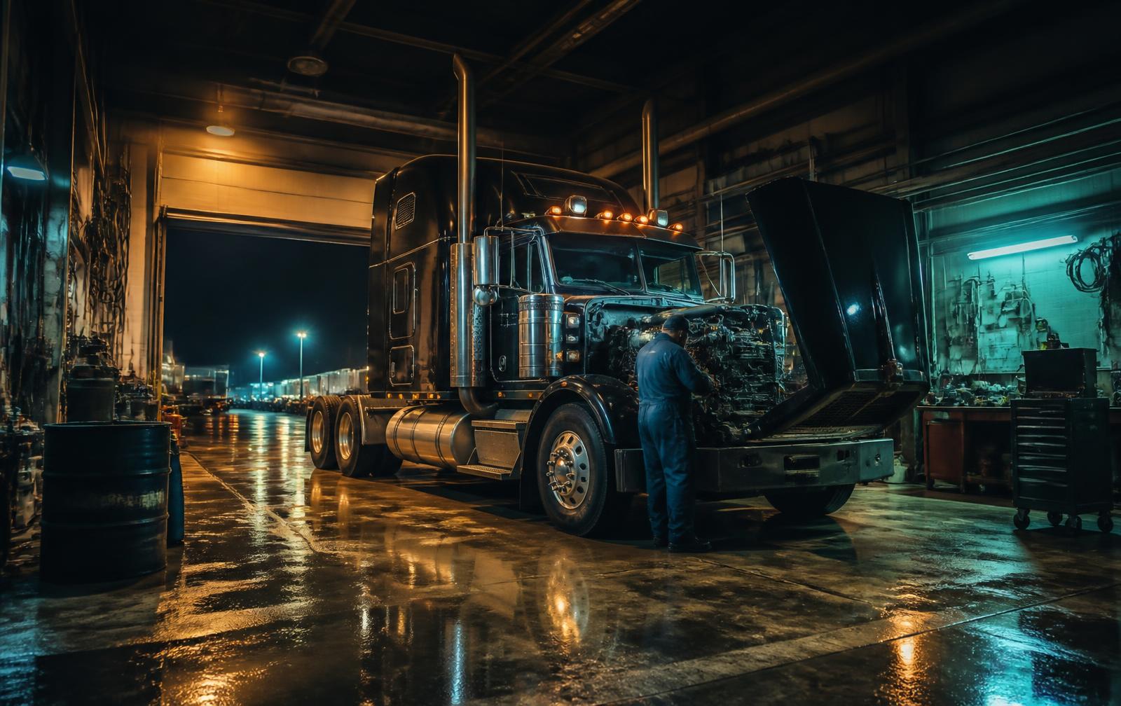 Heavy-duty semi truck being serviced by a diesel mechanic inside the Diesel Pro Tunes workshop