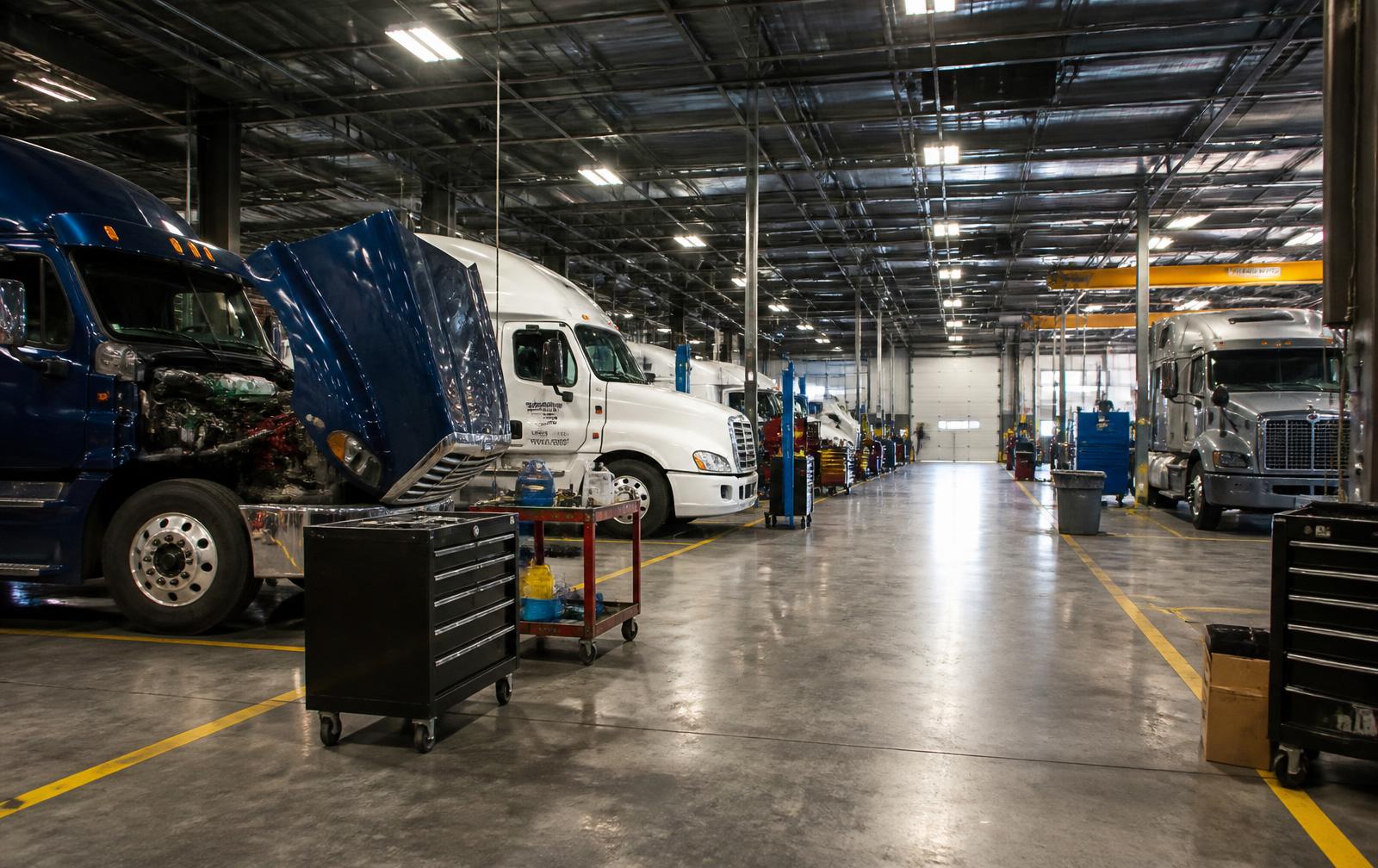 Interior of a heavy-duty truck repair shop with semi trucks in service bays